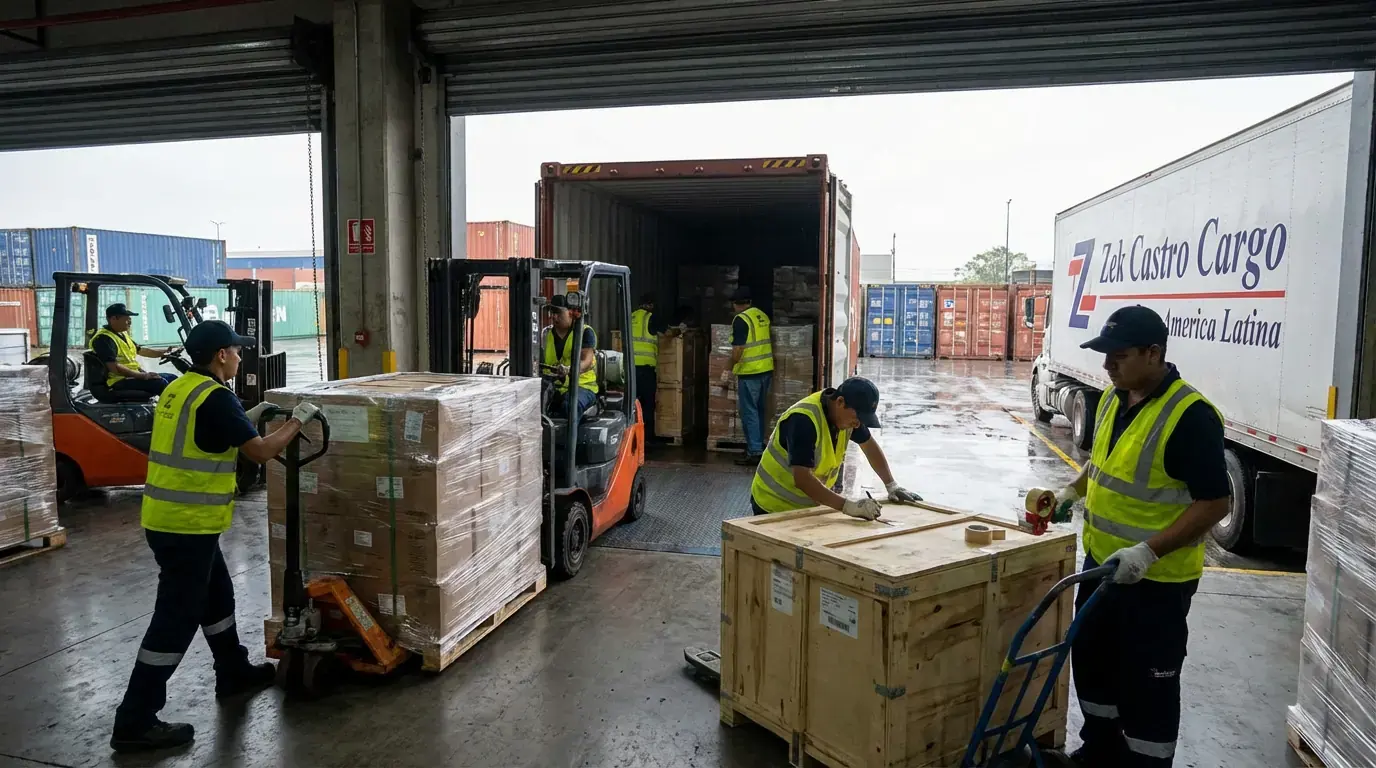 Caja de carga preparada para ser enviada internacionalmente desde Long Beach